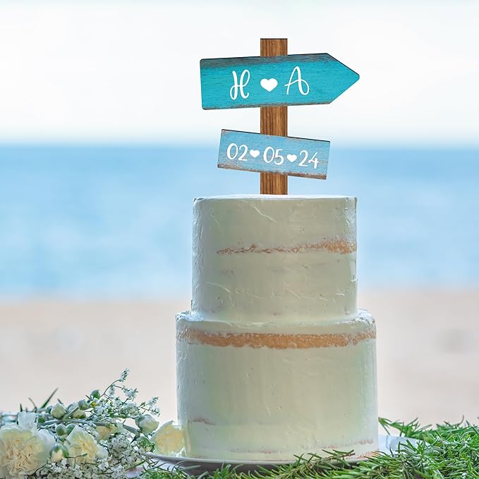 Personalized Beach Themed Wedding Cake Topper in Wood Custom Bride & Groom Names Initials Wedding Date Cake Decoration (Ocean)