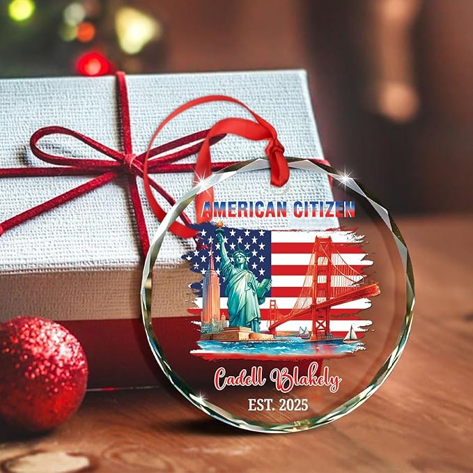 Personalized American Landmarks Xmas Ornament Gift for Citizenship Celebration, New US Citizen Glass Christmas Ornament 2025, Custom Year & Name American Citizen Xmas Ornament Gift for Family Friends