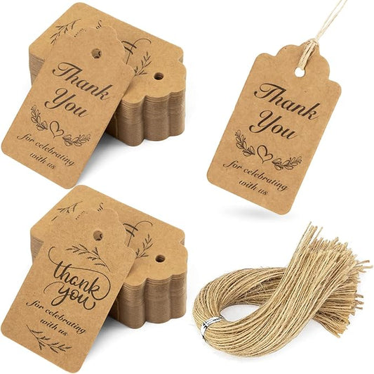 SallyFashion 100 PCS Thank You Tags, Kraft Paper Gift Tags with Hanging Strings for Wedding, Bridal Shower, Thanksgiving Day Labels