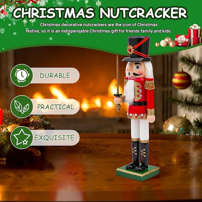 14" Wooden Swordsmen Nutcracker, Festive Christmas Decoration, Handcrafted Swordsmen Themed Nutcracker Collectible Christmas Decor for Tabletop, Shelves, and Fireplace Mantel(Sword)