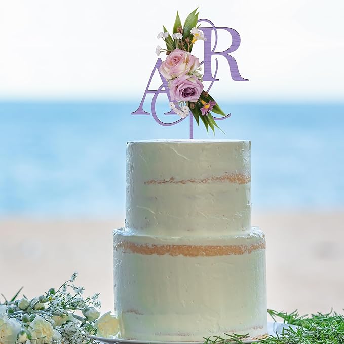 Wedding Cake Topper with 3D Artificial Flowers and Green Leaves Custom Initials Personalized Wooden Anniversary Cake Decoration (Lavender)