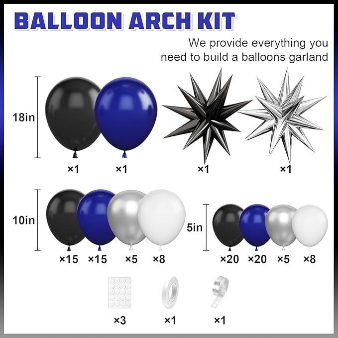 Navy Blue Black Balloon Arch Kit,Balloon Garland with Star Foil Balloons Metallic Sliver White Dark Blue Latex Balloons for Boys Birthday Baby Shower Party Decorations