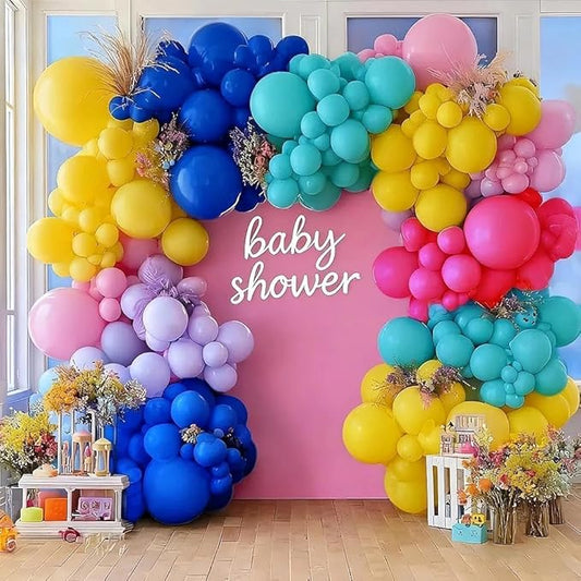 Hot Pink Blue Yellow Balloon Garland, Double Stuffed Royal Blue Fuchsia Pink Teal Lavender Balloons Pastel Lilac Yellow Balloon Arch Kit for Tropical Hawaii Aloha Luau Encanto Summer Party Decorations
