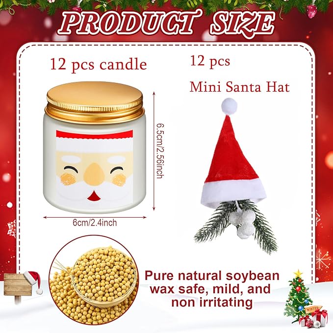 24 Pack Christmas Scented Candles Jar Set Include 12 Pcs 7oz Soy Wax Aromatherapy Candles and 12 Pcs Mini Santa Hat Holiday Party Favor Gift Bulk for Women Men Adult Coworker