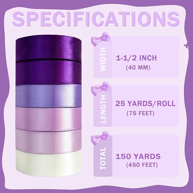 150 Yards Purple Satin Ribbon 1-1/2 Inch 6 Rolls Assortment Ribbons for Crafts Gift Wrapping Flower Bouquet Wedding Invitations Birthday Party Festival Decoration Hair Bows