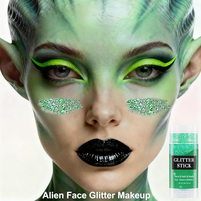MEICOLY Green Body Glitter Stick,Christmas Hair Glitter Stocking Stuffers for Women Kids,Green Accessories for Spirit Week,Alien Face Glitter,St Patricks Day Accessories,Chunky Glitter for Mardi Gras