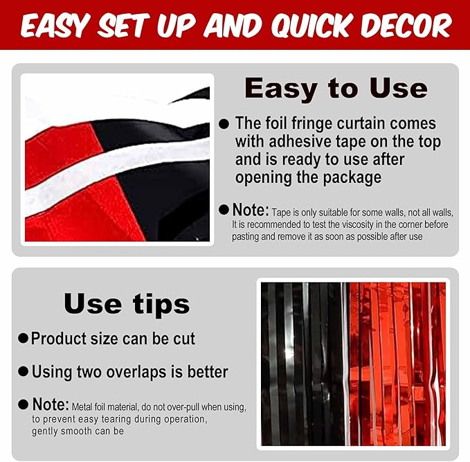 6 Pack Black and Red Foil Fringe Curtains Backdrop, 3.28 x 8.2 Ft Metallic Streamers Tinsel Curtains Background for Photo Booth, Birthday, Christmas, Halloween, New Year Party Decorations