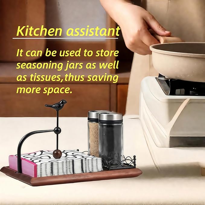 Solid Wooden Bird Napkin Holder for Table，Napkin Dispenser with Salt and Pepper Shakers, 2-in-1 Vintage Flat Paper Towel Holder for Bar, Kitchen & Dinning Room not Included Shakers