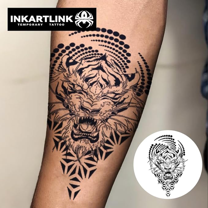 INKARTLINK Tattoo Tech,2 Sheets Extra-Large Semi Permanent Tattoo,Adult Art Design Temporary Tattoos, Lasts 1-2 Weeks, Waterproof, Realistic look, No Adhesive, No reflection (Hurricane Tiger Design）