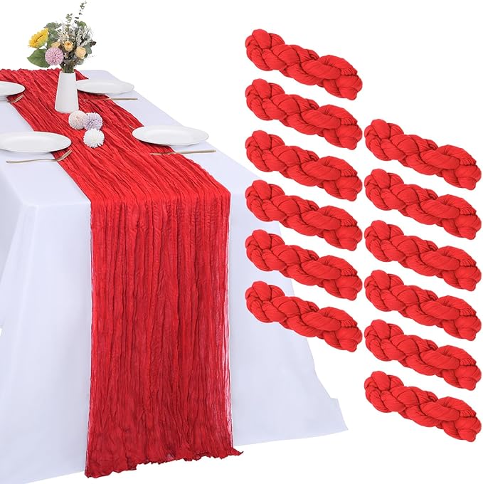 12 Pack Christmas Table Runner Red Cheesecloth Table Runner 10FT Boho Gauze Fabric 35 x 120 Inch Rustic Sheer Runner for Centerpiece Wedding Decor Baby Shower Party Holiday Decoration