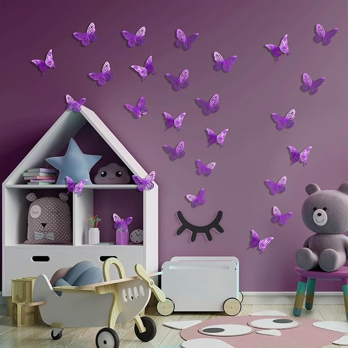 Purple Butterfly Decorations, 48Pcs 2 Styles 3 Sizes Butterflies for Grad Graduation Caps Cake Cupcake Toppers, 3D Paper Sticker for Bouquets Birthday Baby Shower Kids Girl Room Nursery Wall Decor