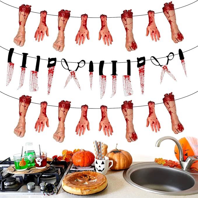 Halloween Horror Outdoor-Indoor Party-Decorations Supplies - 4pcs Creepy Fake Knife Hanging Banner,Spooky Home Streamers Garland,Haunted Mansion Room Wall Backdrop Decor Burgleda