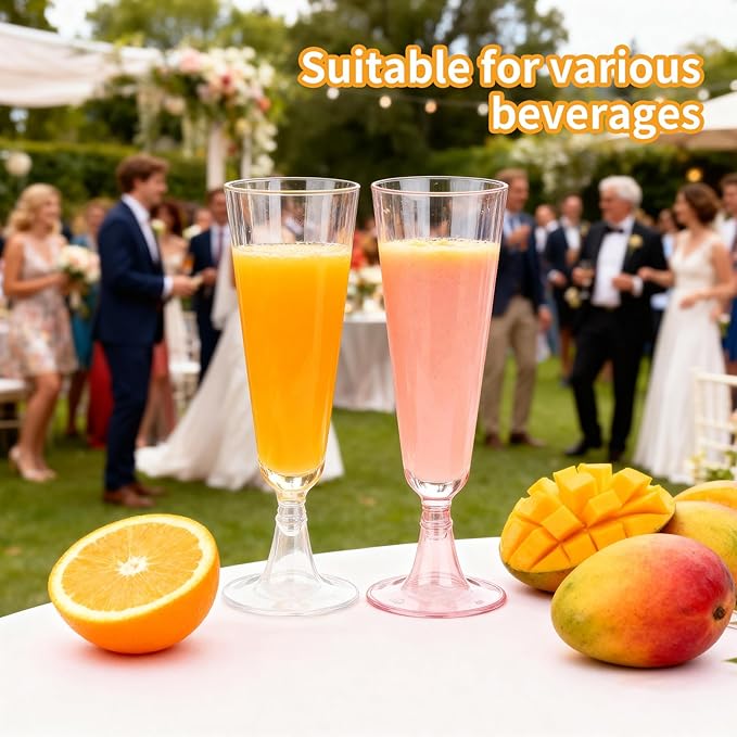 Plastic Champagne Flutes 50 Pack 5.5 Oz Plastic Champagne Glasses Disposable Mimosa Glasses Clear Unbreakable Toasting Cups for Wedding, Party, Birthday, New Years Eve Party Supplies(Pink & Clear)