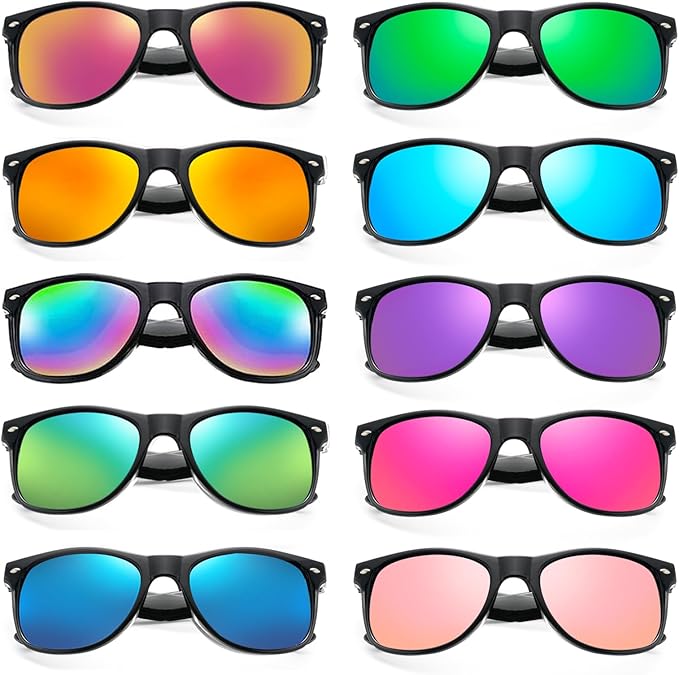 10/20 Pack Colored Sunglasses Mirrored Lens Bulk Party Glasses Classic Eyewear Birthday Beach Pool Unisex Adults