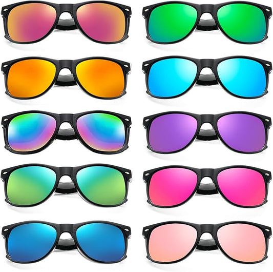 10/20 Pack Colored Sunglasses Mirrored Lens Bulk Party Glasses Classic Eyewear Birthday Beach Pool Unisex Adults