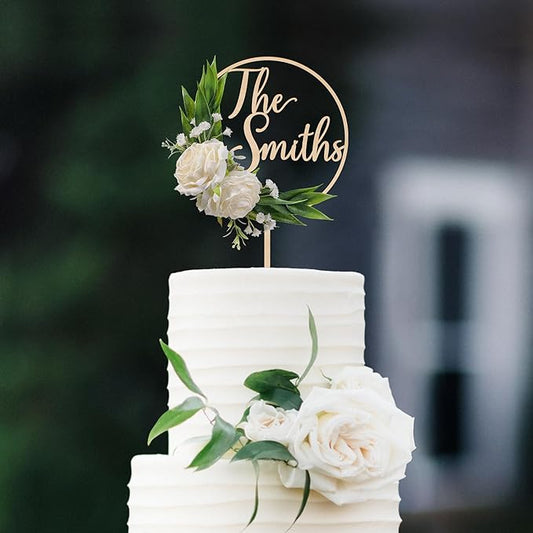 3D Flowers Wedding Cake Topper Custom Last Name Wedding Cake Decoration in Wood with 3D Artificial Roses