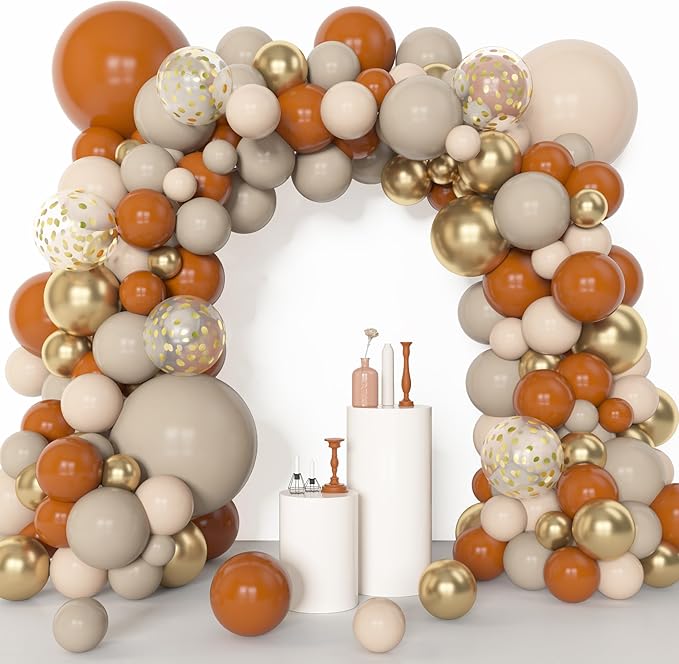 Amandir 153pcs Burnt Orange Balloon Garland Arch Kit, Different Sizes 18 12 10 5inch White Sand Nude Latex Metallic Gold Confetti Fall Thanksgiving Balloons for Baby Shower Birthday Party Decorations