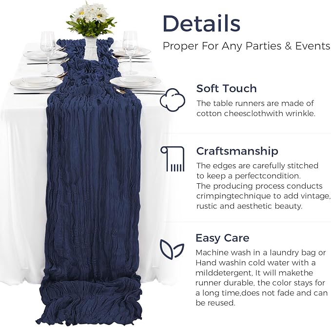 12 Pack Boho Gauze Cheesecloth Long Rustic Sheer Table Runner for Wedding Bridal Baby Shower Birthday Party Cake Table Arbor Decorations (Navy Blue)