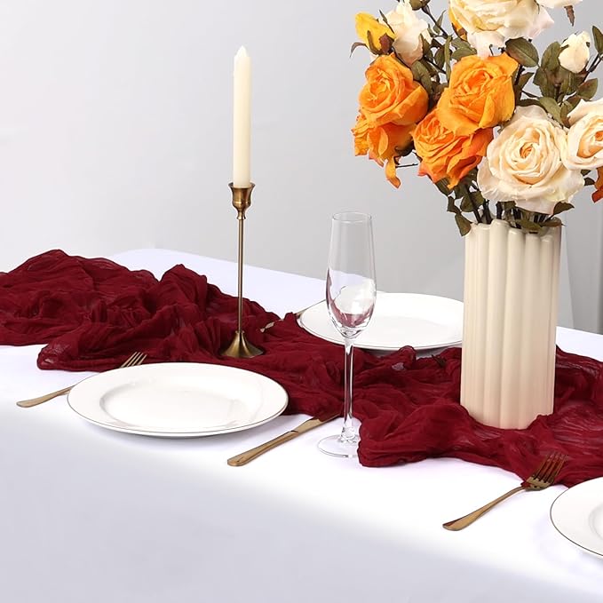 12 Pack Burgundy Cheesecloth Table Runner 10FT Boho Gauze Cheese Cloth Fabric 35 x 120 Inch Rustic Sheer for Christmas Fall Thanksgiving Centerpiece Wedding Decor Baby Shower Party Decoration