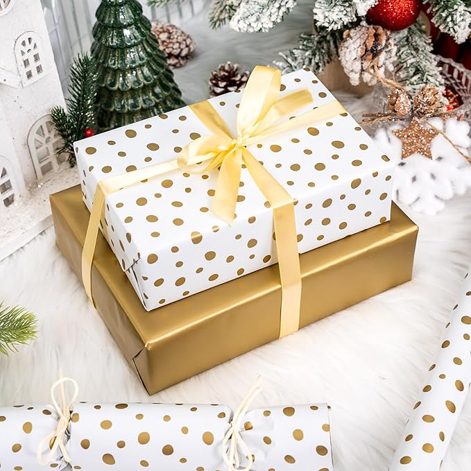 Burymento Golden Lrregular Wave Point Wrapping Paper, Reversible Gold Gift Wrap for Birthday, Valentines, Mothers day, Graduation, Wedding, Fathers day, Baby Shower, Christmas (17in x 16.4ft)