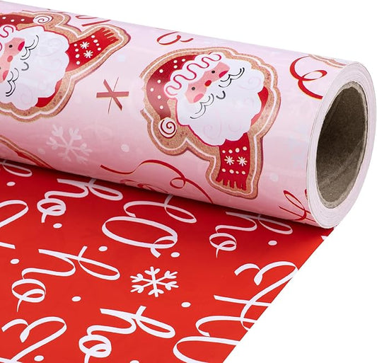 RUSPEPA Reversible Christmas Wrapping Paper Roll, Mini Roll, Adorable Santa Claus, Ribbon Design, Funny Red Ho Ho Ho Gift Wrap Paper Perfect for Girls, Family, Holiday Gifts, 17 Inches x 32.8 Feet