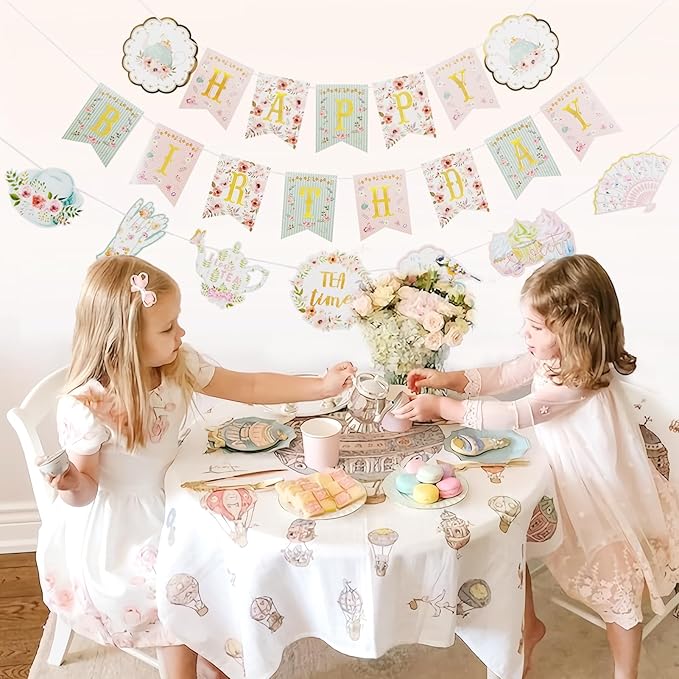 SUNBEAUTY Floral Tea Party Birthday Decorations Tea Happy Birthday Banner Floral Garland Birthday Banner for Alice in Wonderland Tea Party Decorations Photo Booth Backdrop | Pre-Strung