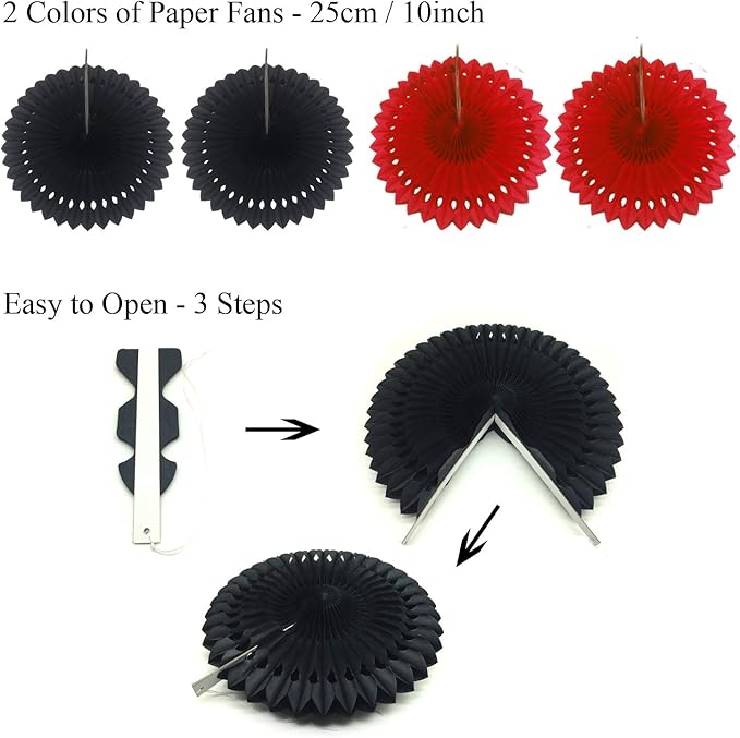 ZERODECO Party Decoration, Hanging Paper Fans Pom Poms Flowers Garlands String Polka Dot and Triangle Bunting Flags Easy to Assemble - Black and Red