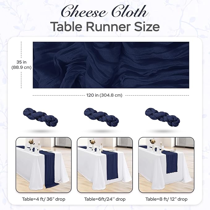 Cheesecloth Table Runner 6 Pack – 35x120 Inch (10ft) Boho Rustic Gauze Cloth Runners – Crinkle Polyester Table Decor for Wedding, Baby Shower, Bridal Shower, Birthday Party and More (Navy Blue)