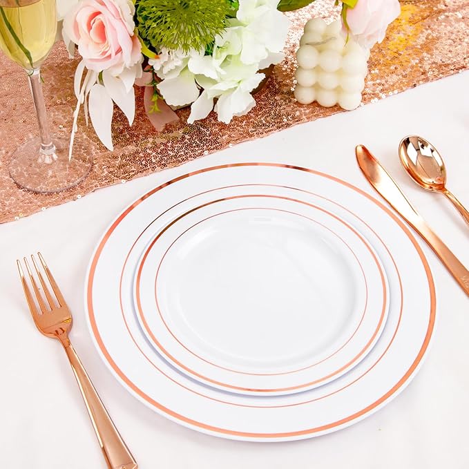 FLOWERCAT 60PCS Rose Gold Plastic Plates - Heavy Duty Rose Gold Plates Disposable for Christmas Party/Wedding- Include 30PCS 10.25inch Dinner Plates and 30PCS 7.5inch Dessert Plates