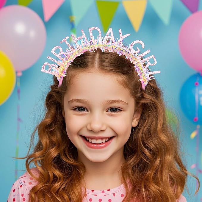 Jaciya Birthday Girl Glitter Headband for Women Girls Sparkling Pink Party Hair Accessories with Confetti Tinsel