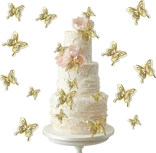 40 PCS Gold Lively 3D Butterfly Cupcake Toppers Mixed Size Hollow Art Butterfly Cupcake Topper Baby Shower Wedding Anniversary Birthday Party Cake Wall Decorations Supplies