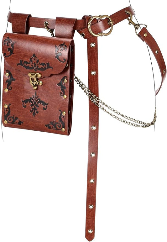 Ultrafun 3pcs Renaissance Belt Accessories Faux Leather Medieval Viking Chain Belt Bag Skirt Hike Ren Faire Costume