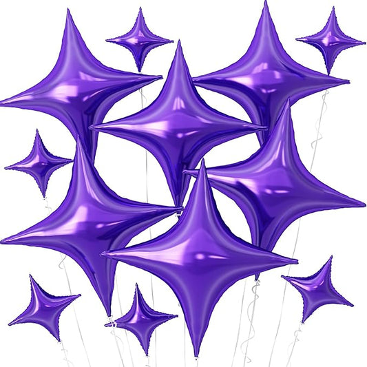 Purple Star Balloons,12Pcs Four Angle Star Foil Balloons,26Inch and 10Inch Purple Quadrangle Helium Balloon for Girl Theme Birthday Baby Shower Party Decorations