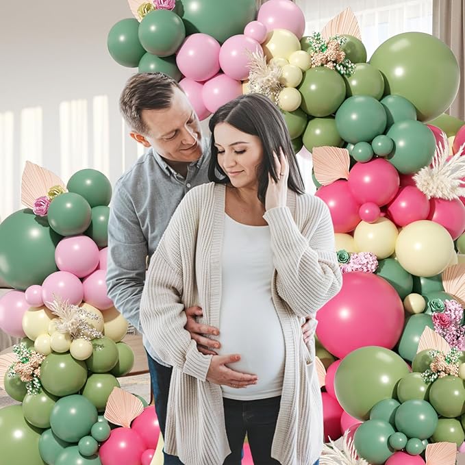 Pink Green Yellow Balloon Garland Kit, Dusty Green Hot Pink Olive Balloons Pastel Pink Yellow Balloon Arch Kit for Wedding Baby Shower Flower Theme Birthday Party Decoration