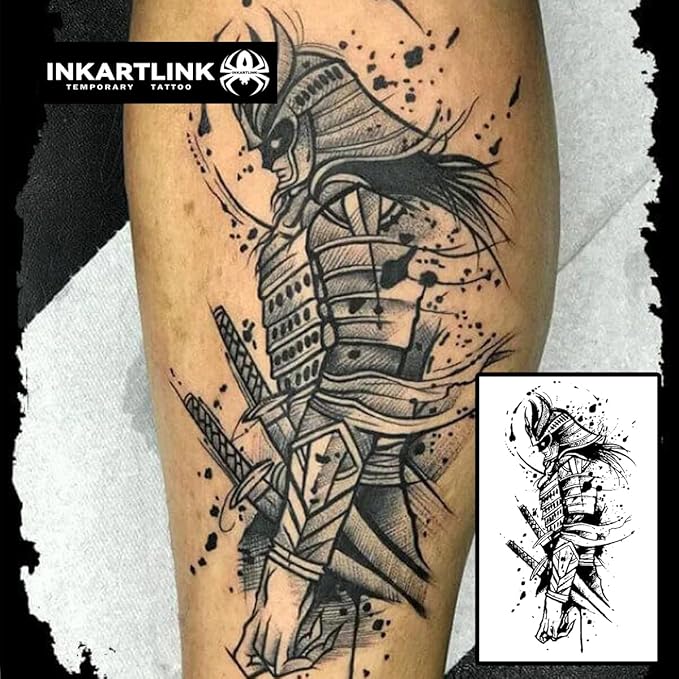 INKARTLINK Semi permanent Tattoos, Temporary Tattoos, Adult Art Designs, Party Favors, Waterproof, Realistic, No Adhesive, No Reflective, Lasts 1-2 Weeks, Extra Large (Double Blade Warrior)