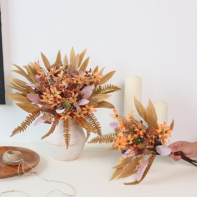 YXZZWL Artificial Greenery Stems Box Set for Fall Decorations，70 Pcs with 8 Kinds of Faux Eucalyptus Branches for Autumn Wedding DIY Bouquets Floral Arrangement Table Centerpieces (Brown & Orange)