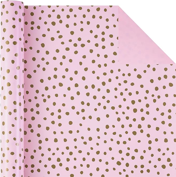 WRAPAHOLIC Reversible Wrapping Paper - Mini Roll - 17 Inch x 33 Feet - Pink Print and Gold Delicate Polka Dots Design for Birthday, Holiday, Wedding, Baby Shower