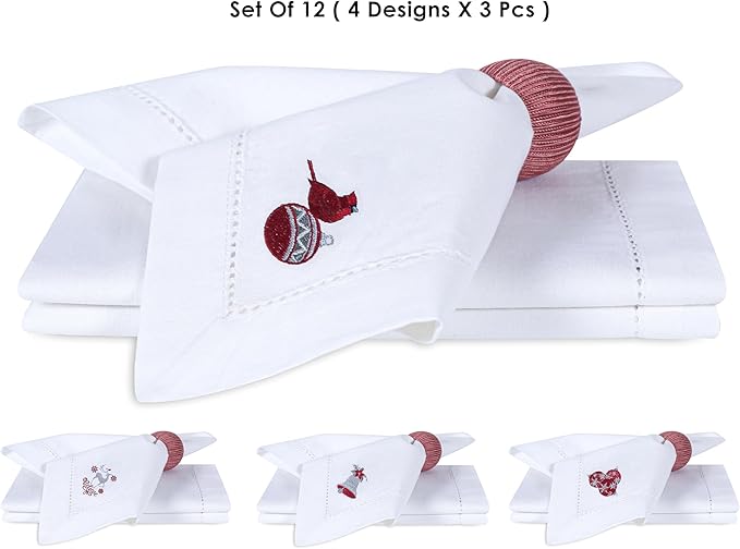 Homidate Cloth Dinner Napkins Set of 12 – 18x18 100% Cotton Silver with Red Embroidery – Machine Washable Reusable Napkins for Weddings, Parties, Dining & Holiday Events