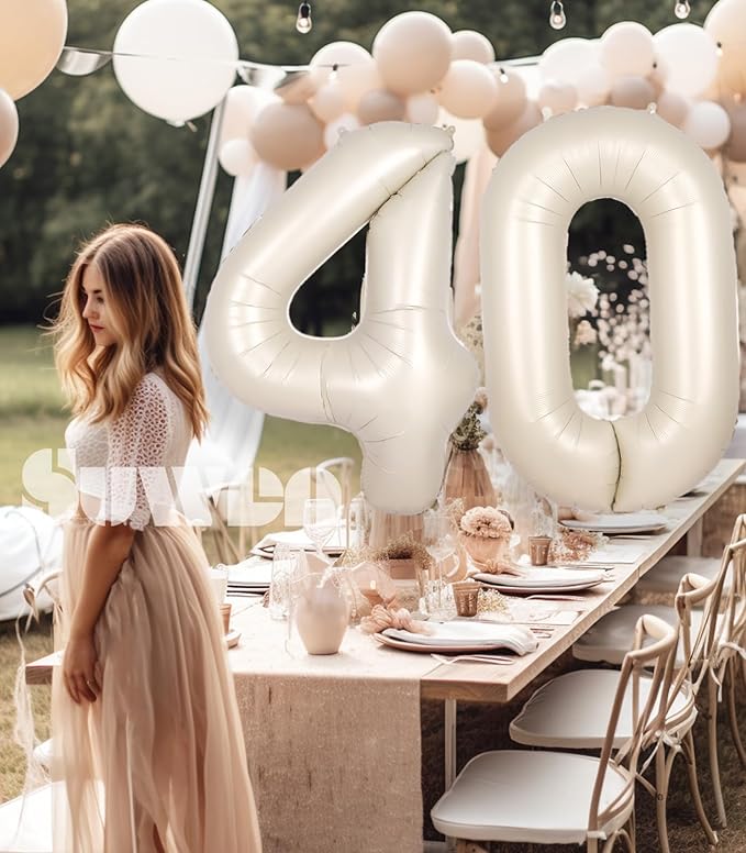 SUWEN 40 Inch Large Cream White 40 Balloon Numbers Big Foil Helium Number Balloons 0-9 Jumbo Happy 40th Mylar Birthday Party Decorations for Women or Men Anniversary Party Supplies
