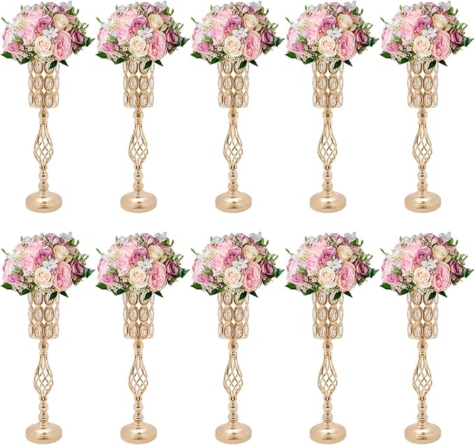 Wedding Centerpieces Gold Vases,10PCS Metal Flower Candle Holder,Wedding Vase for Tables,Crystal Flower Vase Metal Flowers Stand for Party Tables Decorations