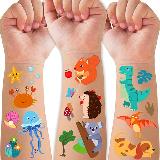 36 Sheets Temporary Tattoo, Animal Bear Tiger Elephant Panda Squirrel Dog Cat Fox Dinosaur Chameleon Crocodile Whale Dolphin Fake Tattoos for Boys Girls, Animal Party Decoration Supplie for Kid Adult