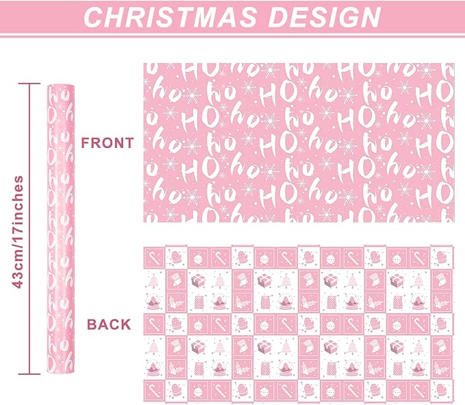 Ulmasinn Reversible Christmas Wrapping Paper Pink Mini Roll 17 Inches X 33 Feet for Girls Kids,printed with “Ho Ho” and Pink Holiday Collection Design for Festivals, Parties, Celebrations