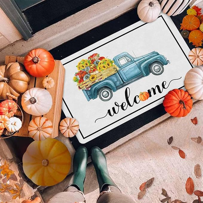 Happy-Thanksgiving Welcome Door Mat, Fall Truck Harvest Pumpkin Doormat for Front Door Outdoor Outside Entrance Porch Non Slip Rubber Rug Autumn Thanksgiving Farmhouse Decor, 24"x16"inch