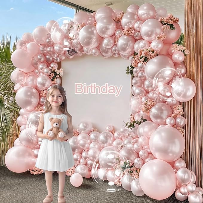 Pearl Pink Balloon Arch Double Stuffed Pastel Light Baby Pink Balloon Garland Different Sizes 12/10/5in With Clear Bobo Balloons for Birthday Wedding Bridal Baby Shower Engagement Party Decor