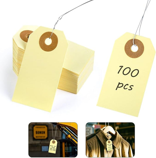 SallyFashion 100 Pack Pricing Tags with String, Blank Labeling Tag with Reinforced Hole and Metal Wire, Manila Hang Tabs for Luggage Clothing Sale Supplies Equipment Parts, Gift Tags(2 3/4" x 1 3/8")