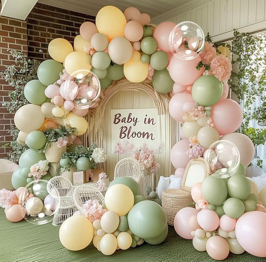 Pastel Green Pink Balloon Arch Kit Double Stuffed Dusty Sage Green Pink Yellow White Sand Balloon Garland Beige Cream Balloons for Baby Bridal Shower Birthday Wedding Fairy Flower Tea Party Decor