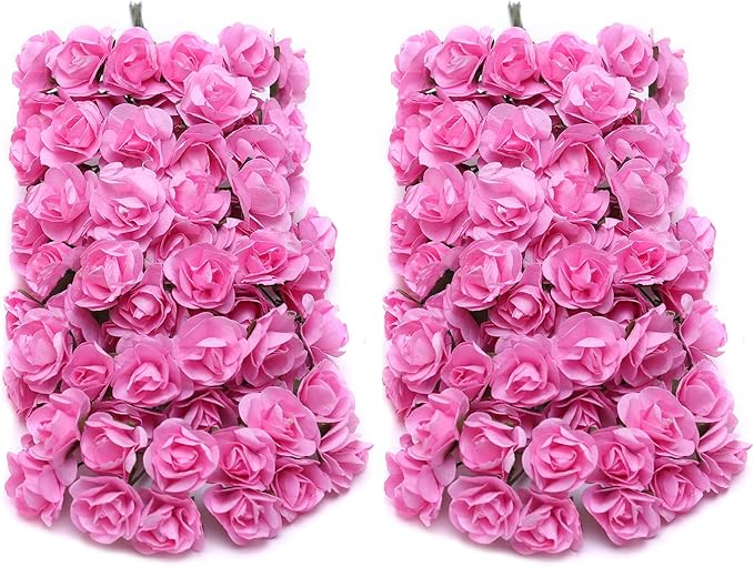 144pcs Mulberry Paper Mini Roses Artificial Flowers Heads with Stems for DIY Crafts Accessories Make Bridal Hair Clips Headbands Dress Wedding Bridal Bouquets Party Home Decor Valentine's (Pink)