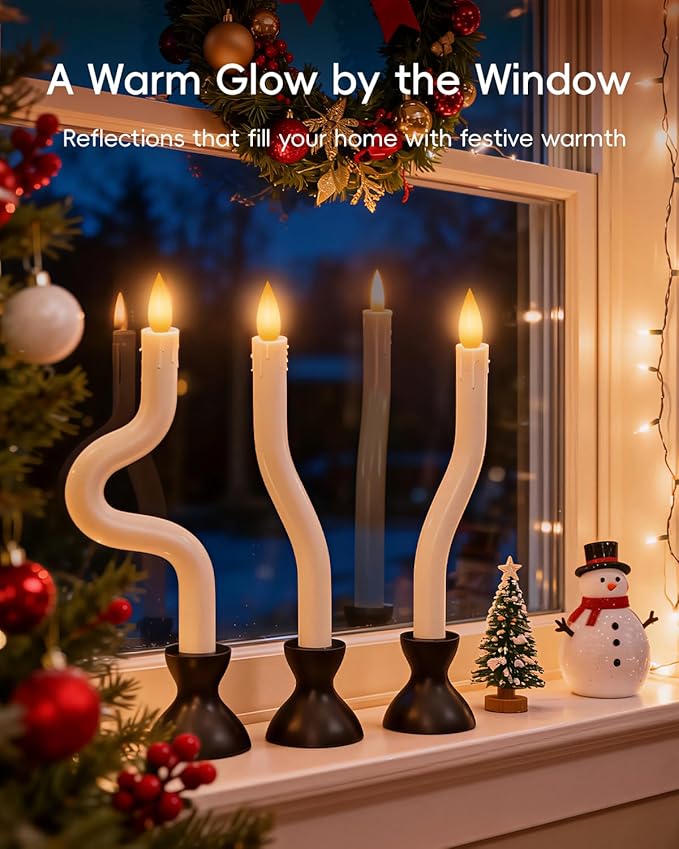 COOLWUFAN Window Candles with Remote Timer, 3 Pcs Flameless Taper Candles Battery Operated with Black Holder, Realistic LED Flickering Flame Dripless, Christmas Decorations Indoor for Home Party Fall