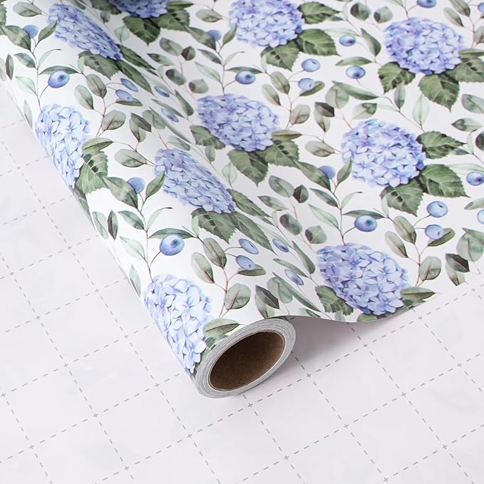 ZINTBIAL Hydrangea Floral Wrapping Paper Roll - Blue Watercolor Floral Design, 17 Inches x 16.5 Feet, Gift Wrap for Wedding, Bridal Shower, Birthday, Mother's Day, Cut Lines on Back