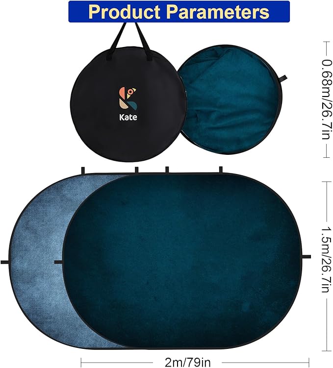 Kate Collapsible Backdrop Pop Up Backdrops Portable Folded Blue Background for Portrait Photography, for Video Conference, for Live Stream, 5x6.5ft